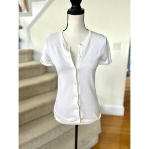 White + Warren White Short Sleeve Cotton Button Up Baby Cardigan